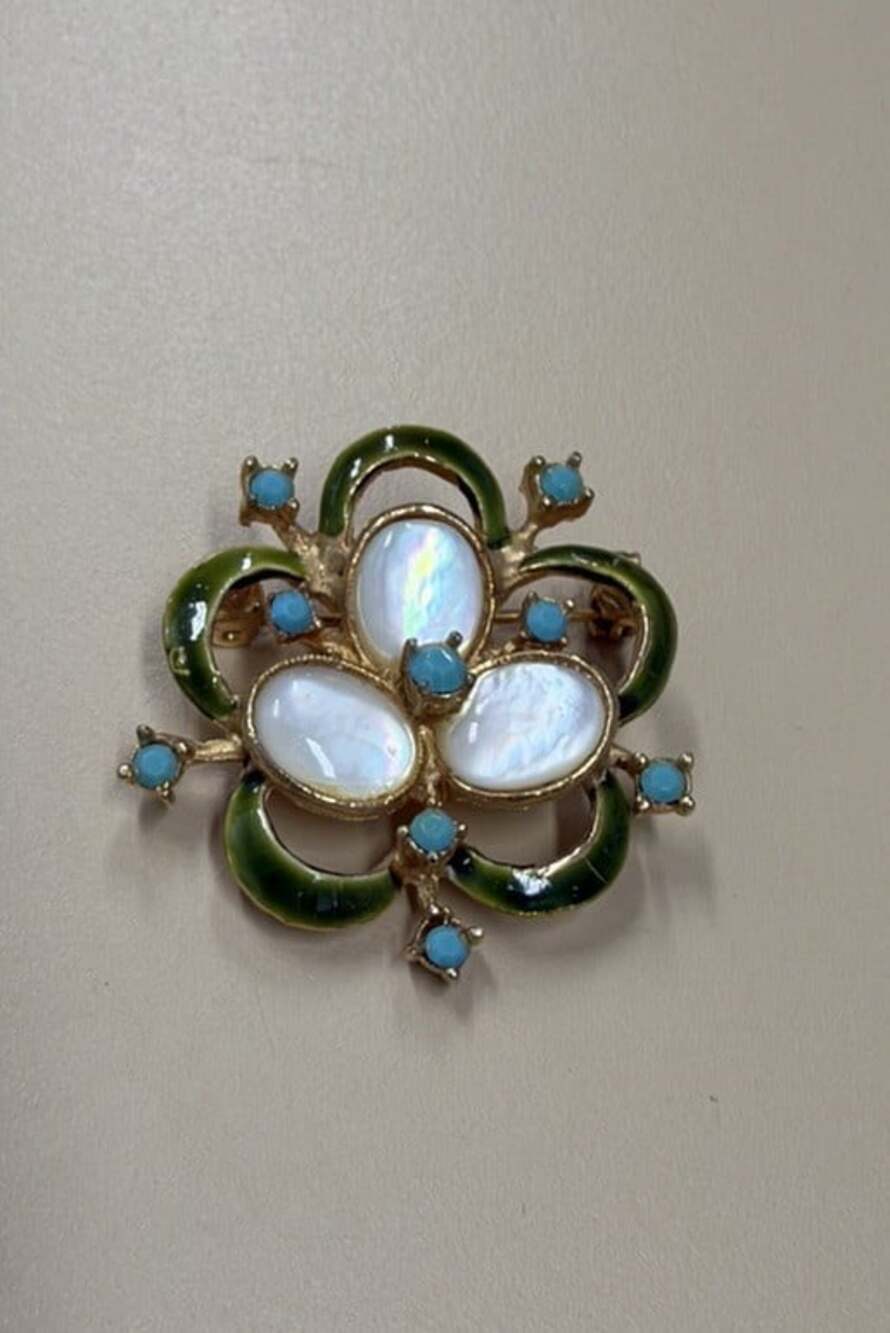 Vintage Style Floral Brooch Iridescent White Stones Green Enamel Turquoise Blue